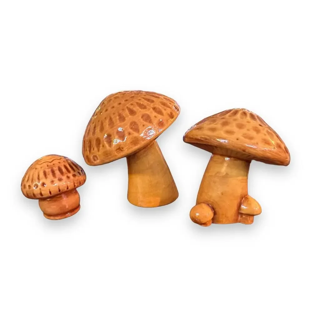 Set of 3 70s Retro Vintage MCM Mid Century Ceramic Mushroom Fairy Figurines Set